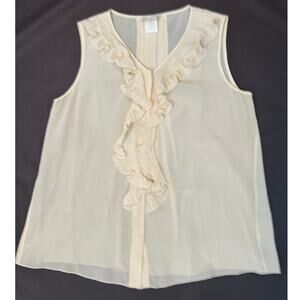 Oscar De La Renta Cream Ivory Ruffled V-Neck Silk Sleeveless Blouse Women 2 XS